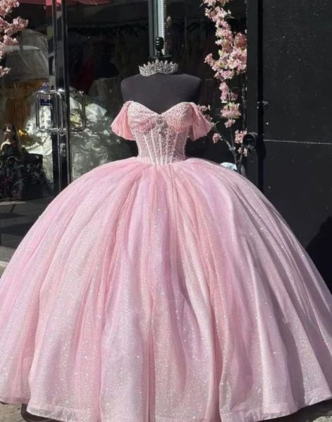 Princess Ball Gown Off The Shoulder Pink Tulle Long Quinceanera Dress Formal Gowns Vestido De 15 Anos Sweet 16 Dress DH1856 - Deanwangkt
