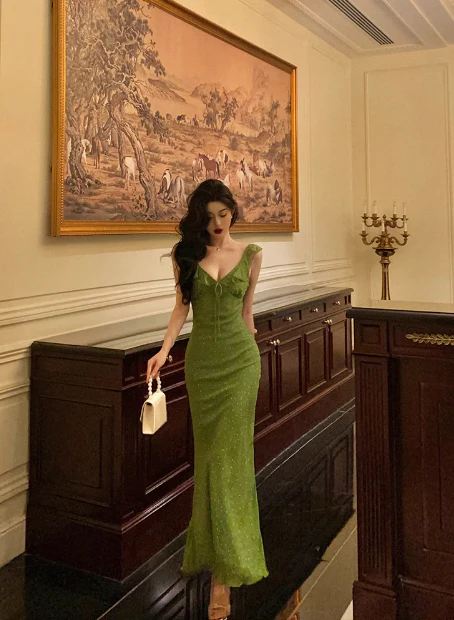 Vintage Mermaid V Neckline Green Floral Sleeveless 18th Birthday Dress Party Gown Birthday Outfits For Women DP0202 - Deanwangkt