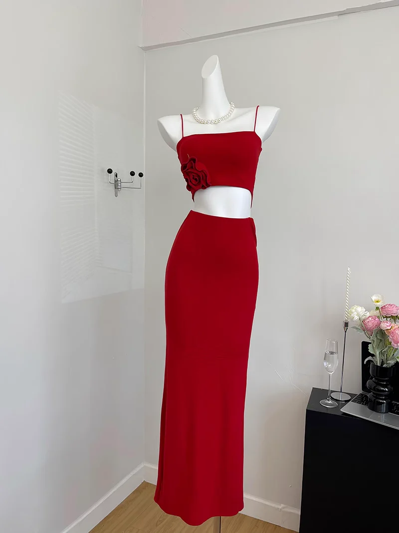 Cute Mermaid Spaghetti Straps 2 Pieces Red Long Summer Dress For Women DP0013 - Deanwangkt