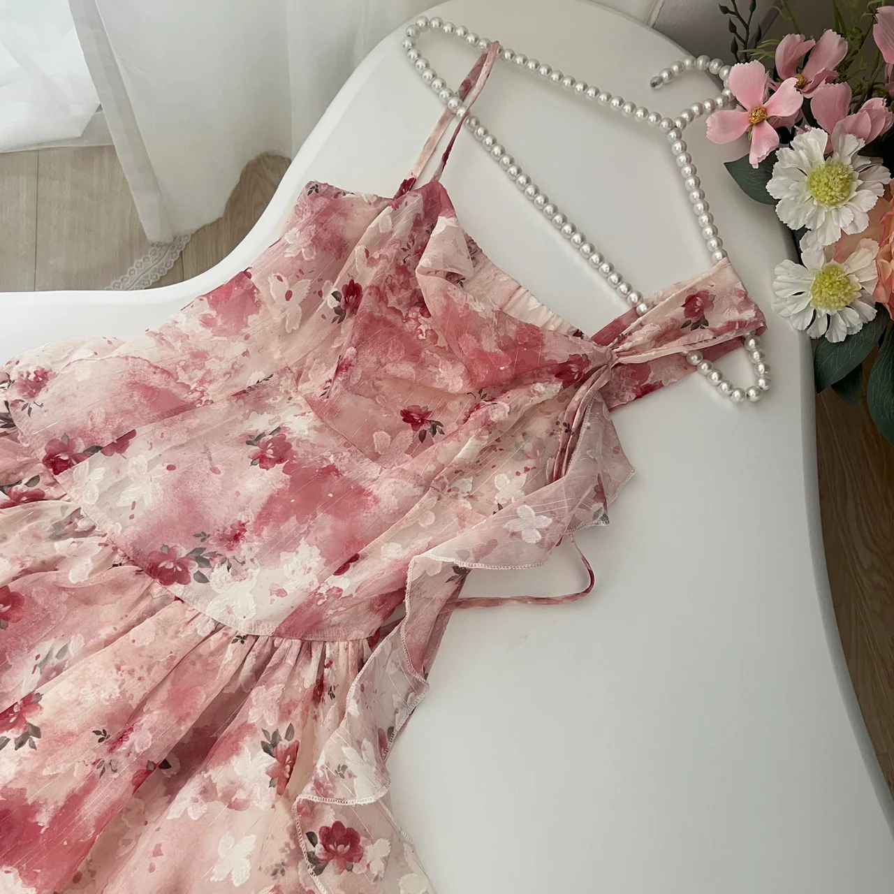 Sweet A Line Straps Pink Floral Summer Short Dresses DP0014 - Deanwangkt