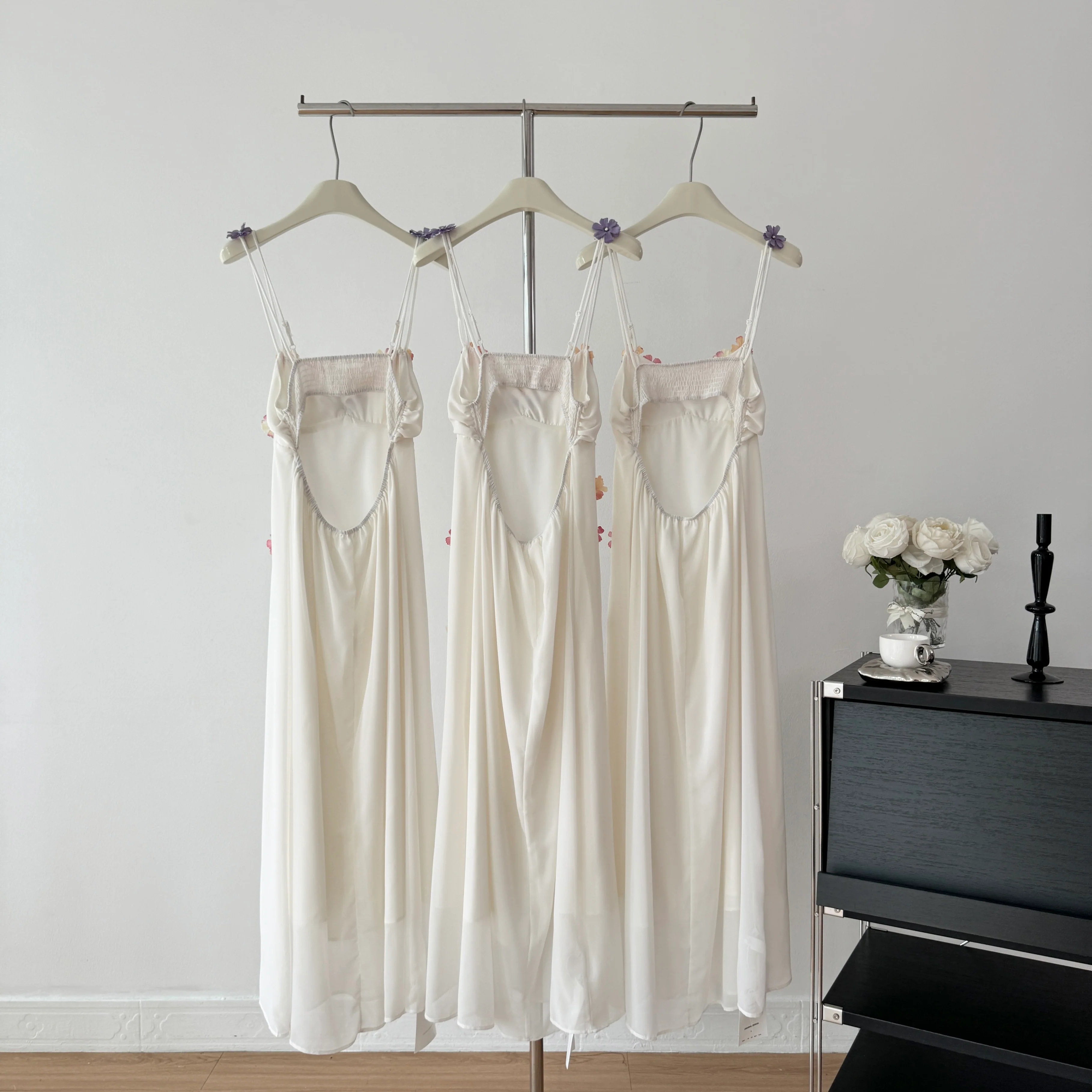 Cute A Line Spaghetti Straps Floral White Chiffon Summer Dress Holiday Party Outfits For Girls DP0130 - Deanwangkt