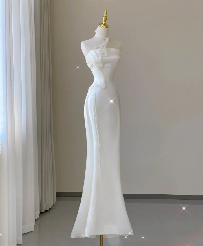 Classy Elegant Mermaid One Shoulder White Long Satin Wedding Dresses Brides Dress DP462 - Deanwangkt