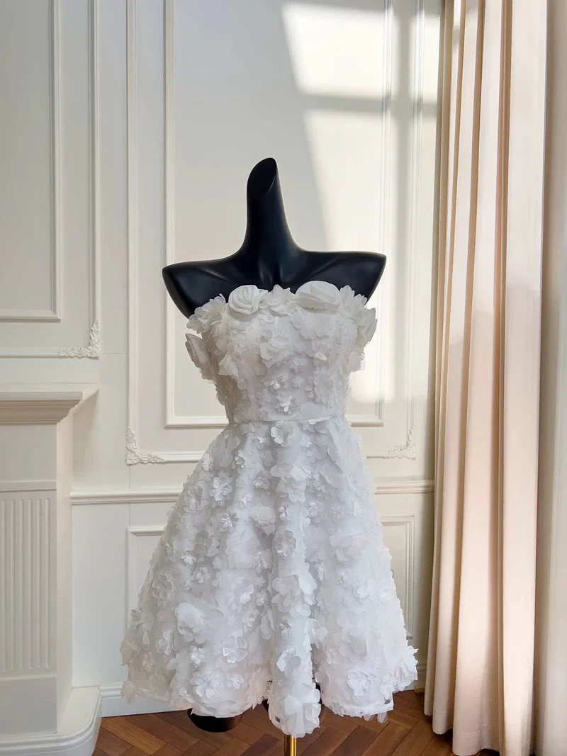 Cute A line Spaghetti Straps White Flowers Formal Short 8th Grade Homecoming Dress Summer Middle School Hoco Dresses Birthday Outfits W983 - Deanwangkt