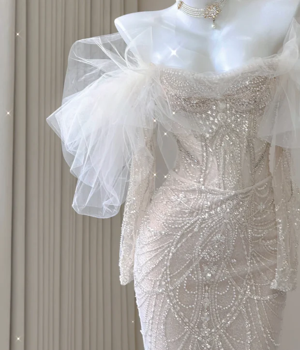 Elegant Mermaid Off The Shoulder Sequin Long Sleeves Wedding Dresses Brides Dress P0008 - Deanwangkt