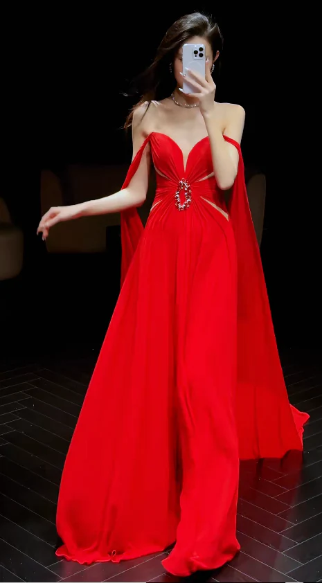 Elegant Sheath Long Prom Dresses , Chiffon Red Evening Dresses DP3801 - Deanwangkt