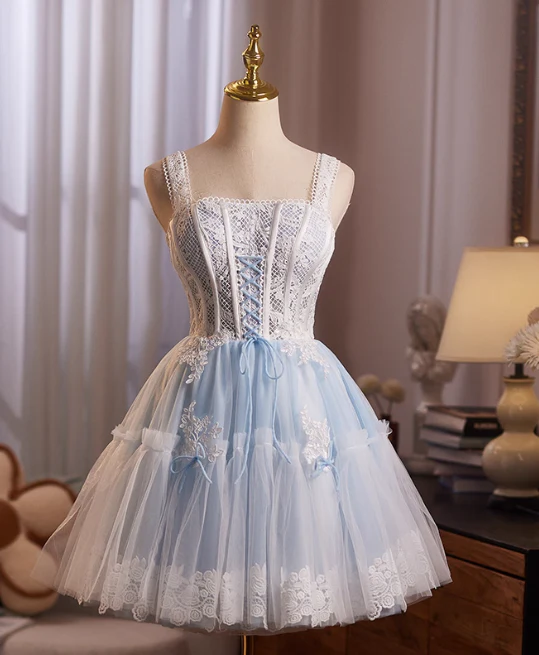 Glam Strap A-Line Tulle Lace Short Prom Dresses, Sky Blue Homecoming Dresses DP3136 - Deanwangkt