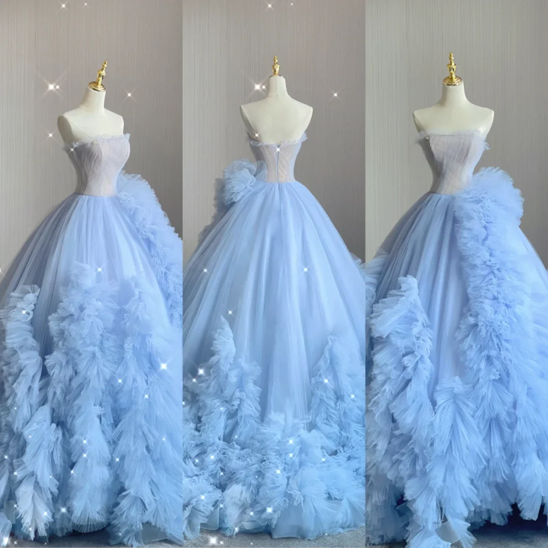 Pretty Ball Gown Strapless Blue Layers Tulle Long Prom Dresses Evening Dresses DP363 - Deanwangkt