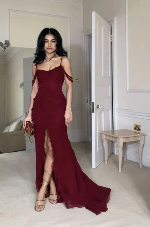 Sexy Burgundy Ruffles Chiffon Slit Prom Dress Mermaid Evening Dress Charming Party Dress DP273 - Deanwangkt