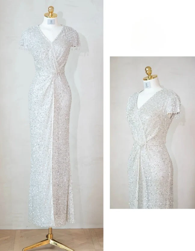 Elegant V neck Sheath Evening Dresses Net Sequin Silver Mother of the Bride Dress DP3266 - Deanwangkt