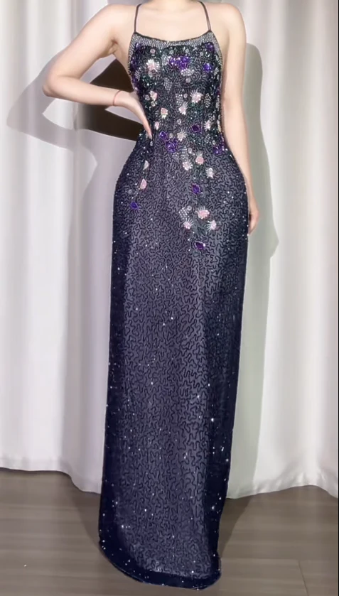 Vintage Sheath Dark Purple Long Prom Dresses Halter Chiffon Beaded Dark Purple Wedding Guest Dresses DP04005 - Deanwangkt