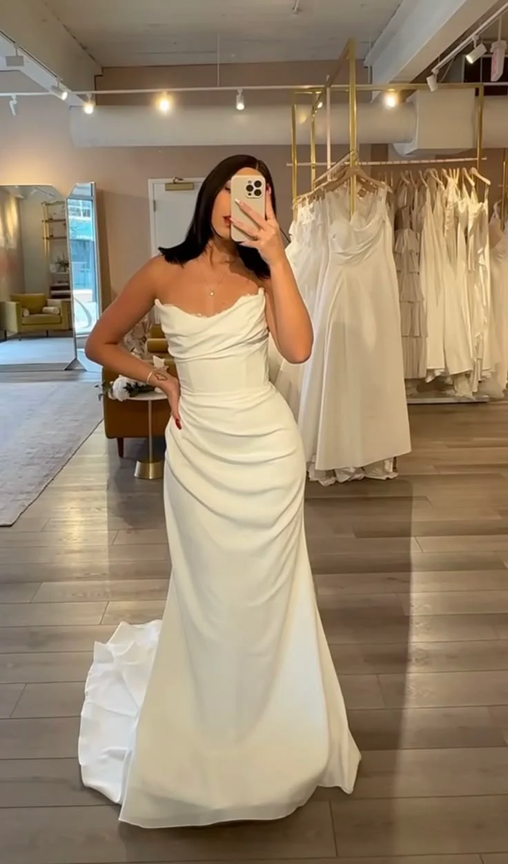Classic Bridal Gown Mermaid Strapless Satin Long White Wedding Dresses Elegant Bridal Gowns DH852 - Deanwangkt