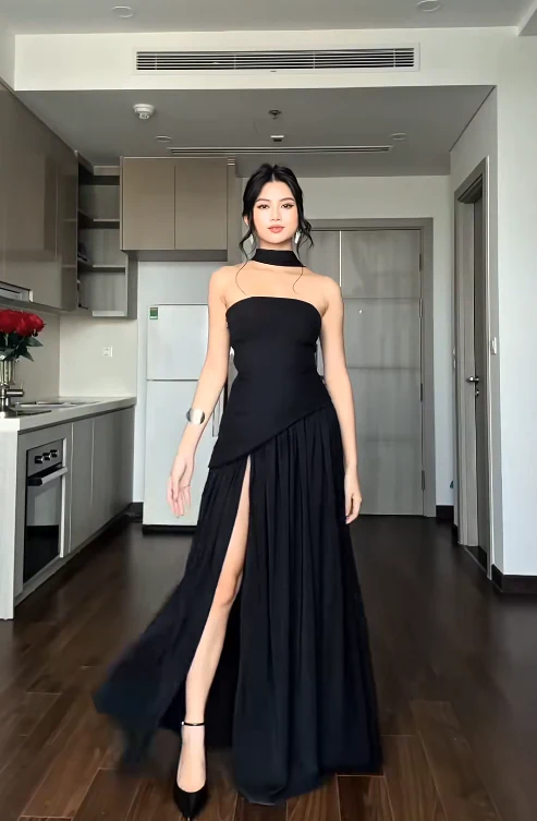Elegant Strapless Sheath Long Prom Dresses with Slits Black Evening Dresses DP3687 - Deanwangkt