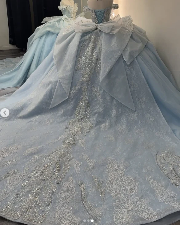 Gorgeous Sky Blue Off-the-shoulder Tulle Long Ball Gown Flower Sweet 16th Birthday Dress Cute Quinceanera Dress DH2736 - Deanwangkt