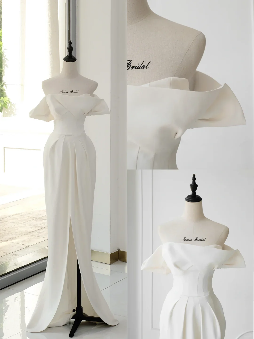 Timeless Bridal Gown Sheath Off The Shoulder Satin Short Sleeves Wedding Dresses Elegant Bridal Gowns DH891 - Deanwangkt