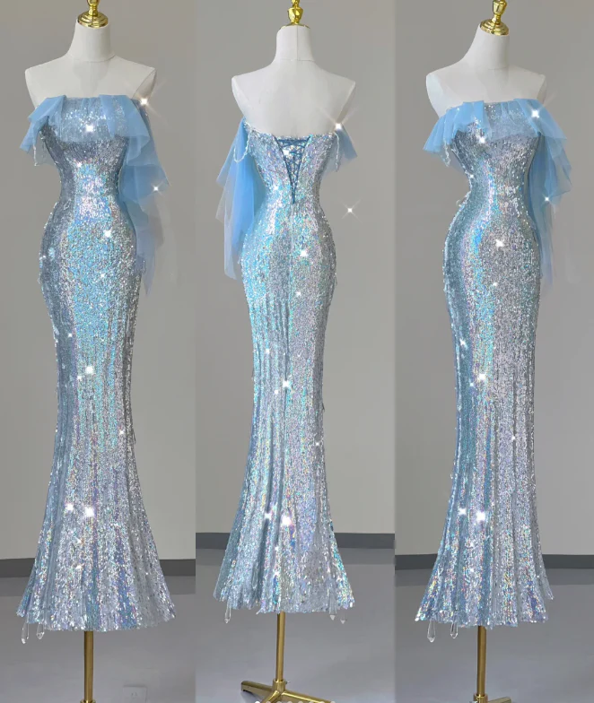 Pretty Mermaid Strapless Blue Sequin Long Silver Prom Dresses Evening Dresses DP450 - Deanwangkt