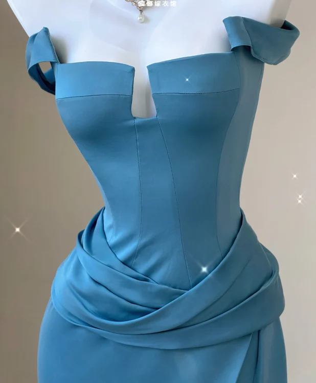Classy Mermaid Strapless Blue Satin Evening Dress Long Prom Dresses P0009 - Deanwangkt