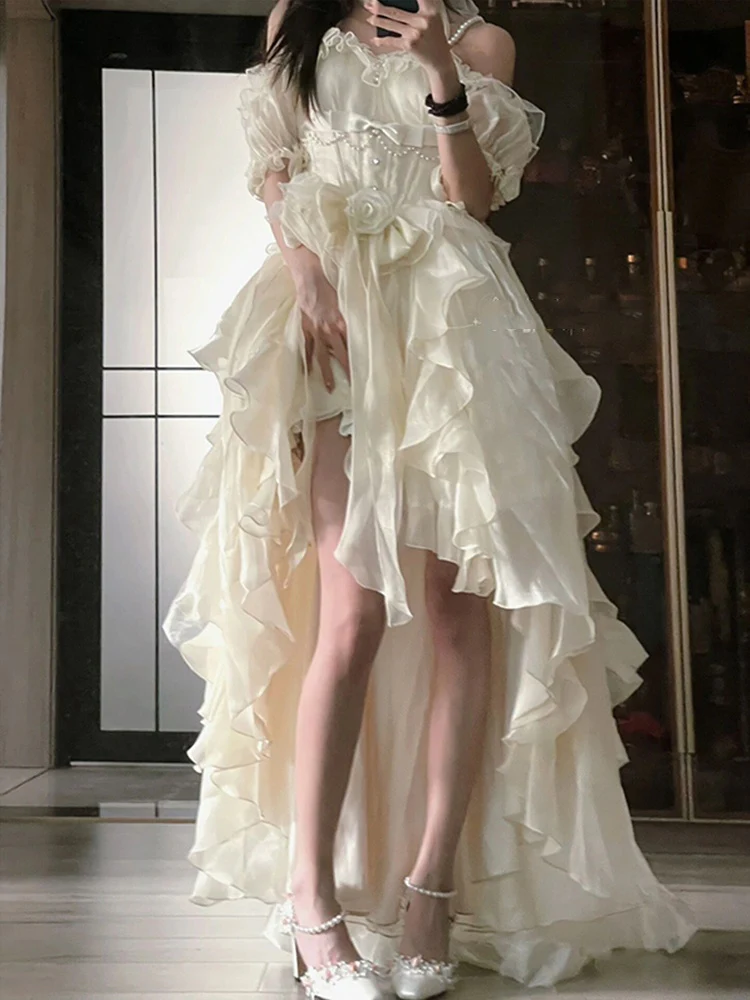 Vintage High Low Off The Shoulder Short Sleeves 16th White Birthday Dress Lolita Dress Birthday Outfits DP0221 - Deanwangkt