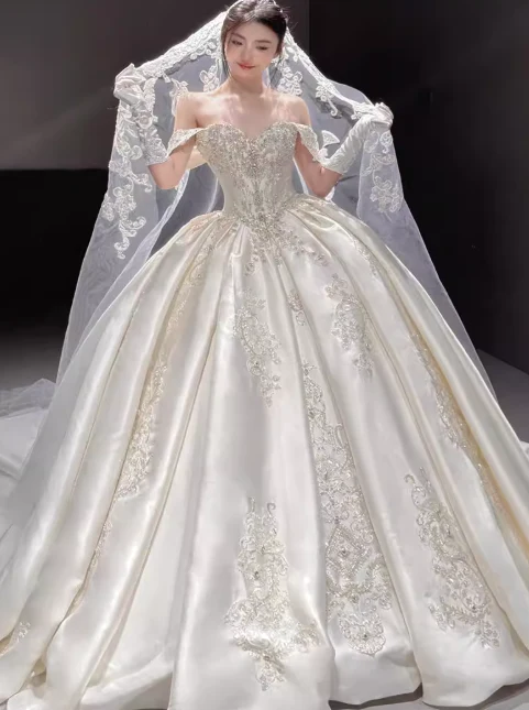 Princess Strapless Ball Gown Satin Long Wedding Dresses Applique White Bridal Gowns Short Sleeve Bridal Dresses DP3867 - Deanwangkt