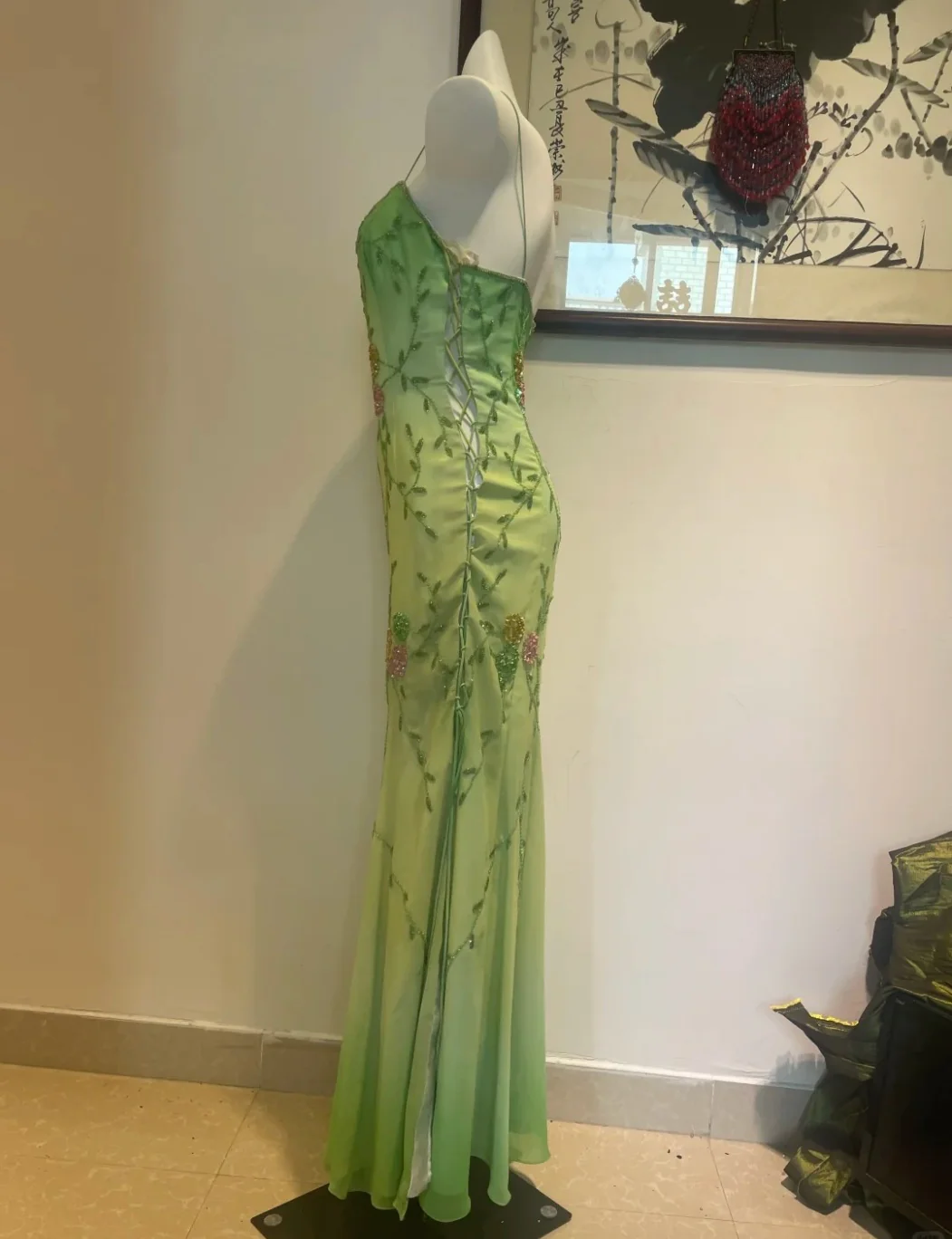 Elegant Spaghetti Strap Sheath Prom Dress Vintage Chiffon Beaded Green Formal Evening Dress DP2932 - Deanwangkt