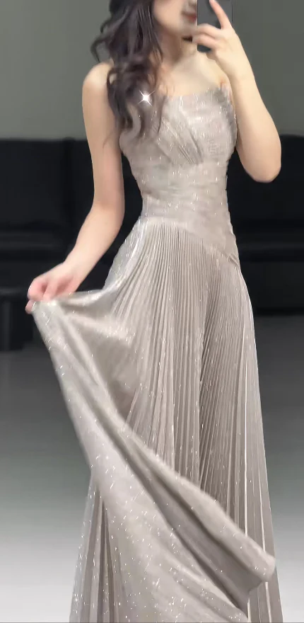 Elegant Strapless Sheath Light Brown Long Prom Dresses Sleeveless Chiffon Light Brown Evening DressesDP3946 - Deanwangkt