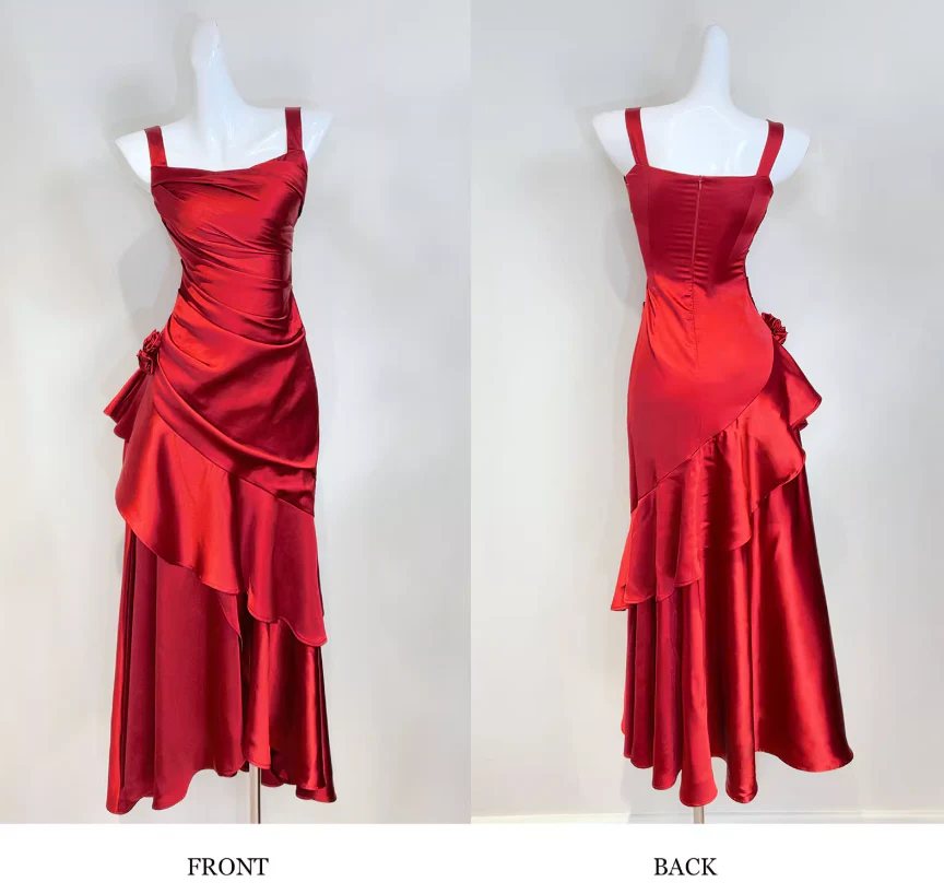 Gorgeous Sheath Long Prom Dresses Satin Sleeveless Formal Dresses Ruffle Burgundy Birthday Dresses DP3258 - Deanwangkt