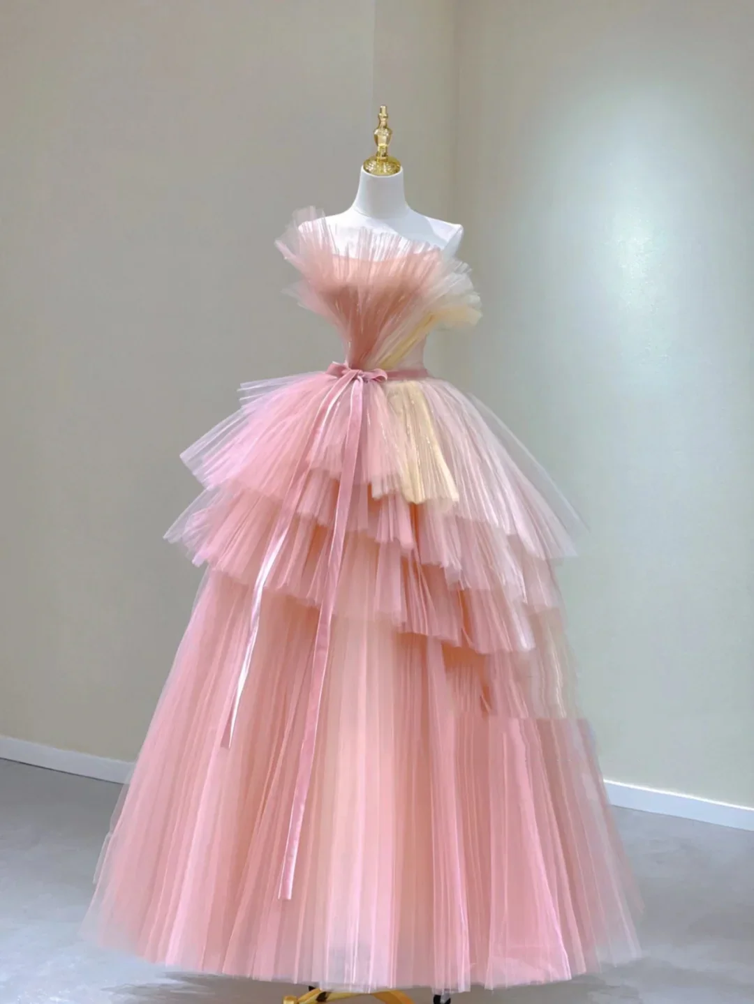 Pretty Ball Gown Strapless Pink Tulle Long Prom Dresses Evening Dresses DP332 - Deanwangkt
