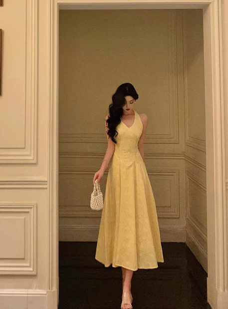 Sexy A line Halter Yellow 18th Birthday Dress Long Party Birthday Outfits For Women DP0184 - Deanwangkt