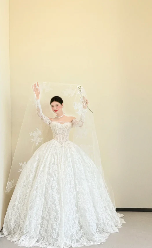 Modest Off-the-shoulder Ball Gown Luxury Wedding Dresses, Lace Applique White Bridal Gowns Long Sleeve Bridal Dresses DP3247 - Deanwangkt