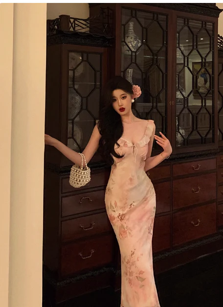 Elegant Sheath Pink Floral Chiffon 18th Birthday Dress Party Gown Birthday Outfits Birthday Dress Ideas For Women DP592 - Deanwangkt