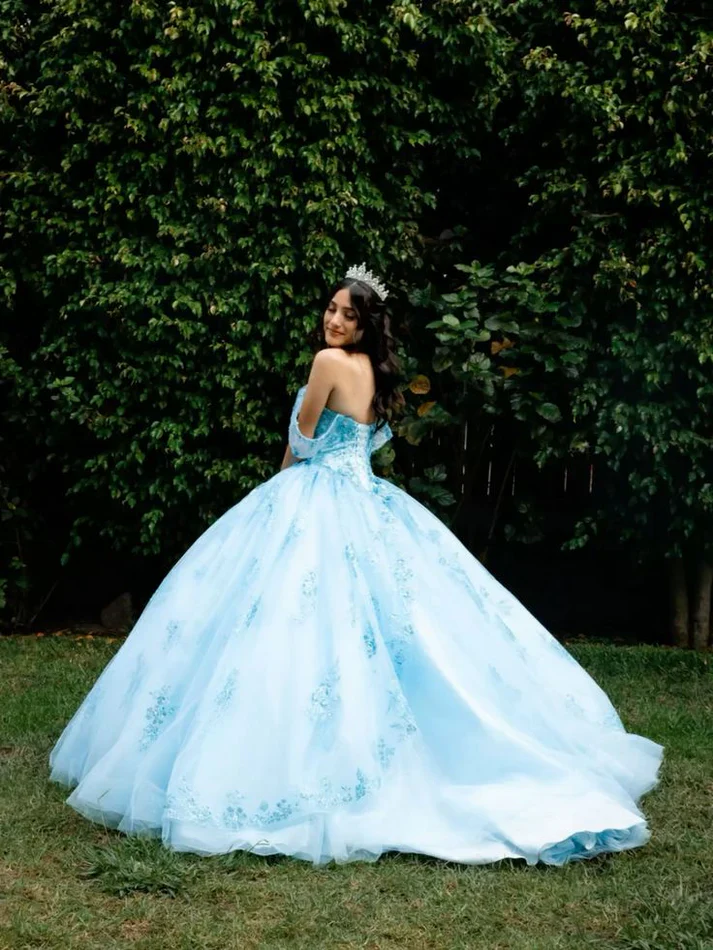 Modest Ball Gown Off The Shoulder Blue Tulle Lace Long Quinceanera Dress Formal Gowns Vestido De 15 Anos Sweet 16 Dress H1854 - Deanwangkt