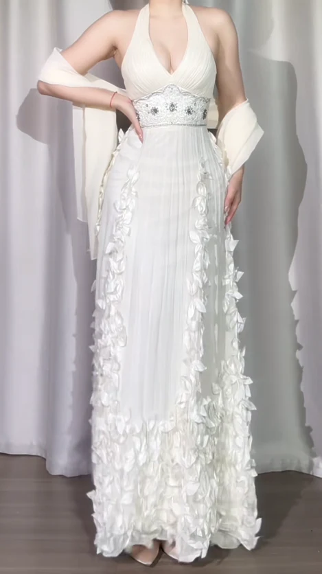 Vintage Sheath White Long Prom Dresses Halter Chiffon White Wedding Guest Dresses DP04004 - Deanwangkt