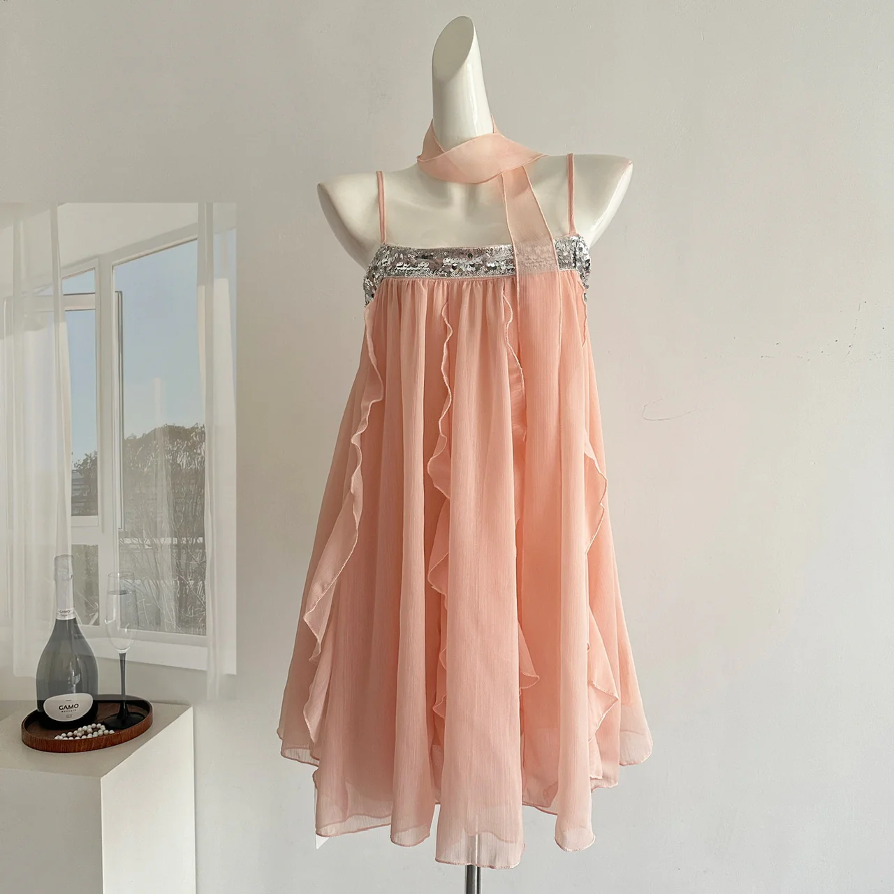Cute A Line Spaghetti Straps Pink Chiffon Summer Dress Holiday Short Party Outfits For Women DP0102 - Deanwangkt