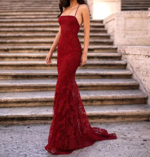 Stunning Mermaid Spaghetti Straps Dark Red Lace Long Prom Dress Evening Dresses DP271 - Deanwangkt