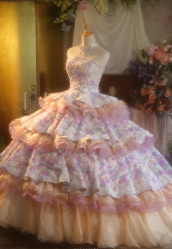 Cute Strapless Ball Gown Floral Long Prom Dresses Pink Quinceanera Dresses Sweet 16 Dress DP3995 - Deanwangkt