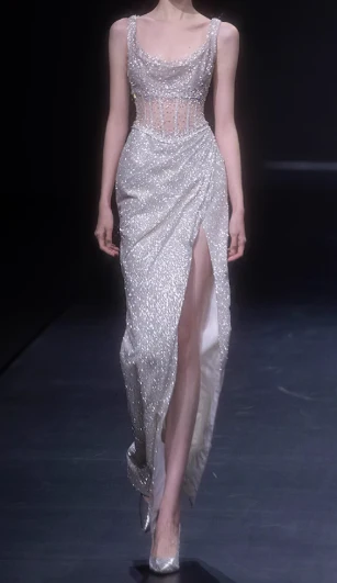 Light Champagne Glitter Tulle Sheath Evening Gowns Gorgeous Beaded Slit Formal Dresses Sparkly Sequin Sleeveless Long Prom Dresses  DH2699 - Deanwangkt