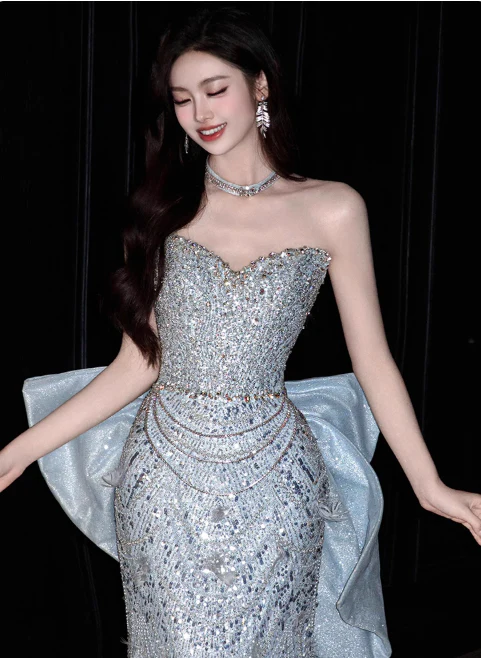 Modest Sheath Sweetheart Neck Evening Gown Tulle Sequins Formal Dress Stunning Long Prom Dresses DP2792 - Deanwangkt