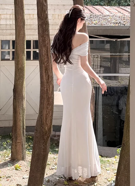 Elegant Off-the-shoulder Mermaid Chiffon Long Prom Dresses, White Formal Evening Gowns DP3068 - Deanwangkt