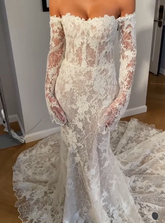 Timeless Bridal Gown Mermaid Off The Shoulder White Lace Long Sleeves Wedding Dresses Elegant Bridal Gowns DH954 - Deanwangkt