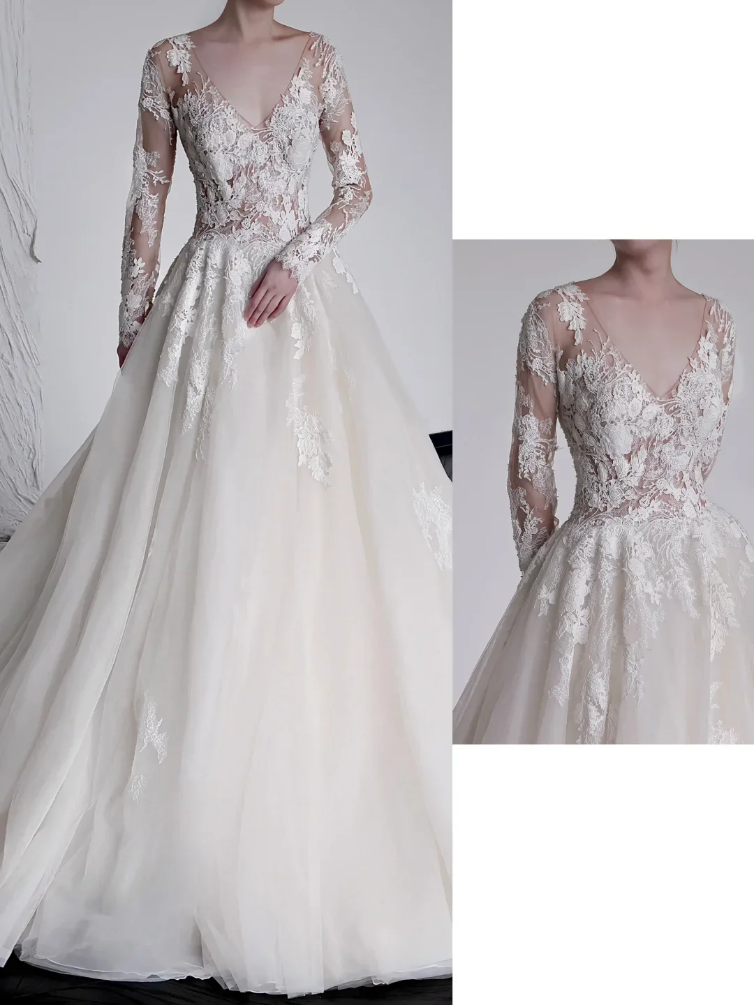 Unique Bridal Gown Ball Gown V Neckline Long Sleeves White Lace Wedding Dresses Bridal Gowns DP659 - Deanwangkt