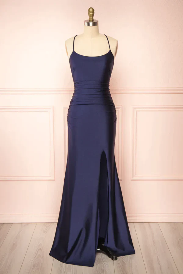 Simple Navy Blue Mermaid Prom Dress Long Satin Evening Gown Graduation Dresses DP523 - Deanwangkt