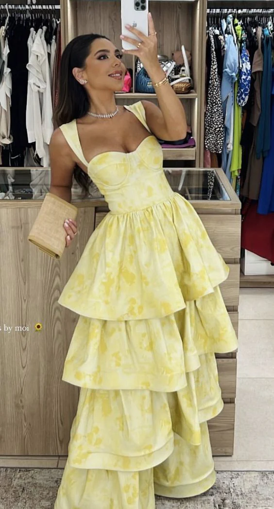 Gorgeous A line Yellow Floral Prom Dresses Formal Summer Wedding Guest Dresses Wedding Guest Outfits DP743 - Deanwangkt
