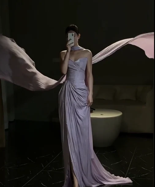 Elegant Sheath Sweetheart Neck Long Evening Gowns Purple Chiffon Special Formal Dresses Pleated Slits Prom Dresses DP2783 - Deanwangkt