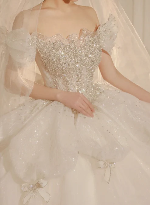 Princess Bridal Dress Ball Gown Off Shoulder Tulle White Beads Long Wedding Dress Modest Bridal Gowns DH2765 - Deanwangkt