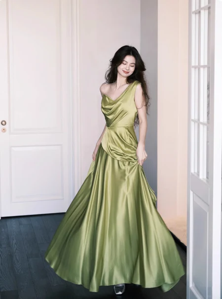 Modest Green A-Line Evening Dress Satin Asymmetric Neckline Long Prom Dress Elegant Formal Dress Wedding Guest Dress DP2833 - Deanwangkt
