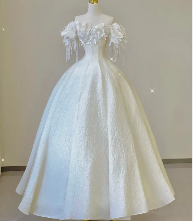 Elegant Ball Gown Off The Shoulder White Lace Short Sleeves Wedding Dresses Brides Dress P0015 - Deanwangkt