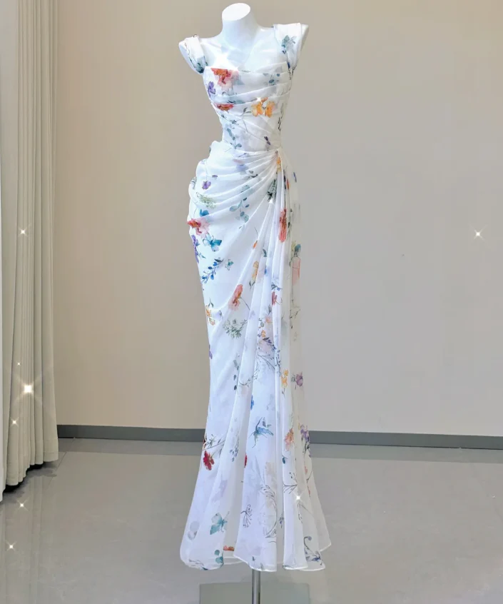 Classy Mermaid Square Neckline Floral Chiffon White Long Prom Dresses P0007 - Deanwangkt