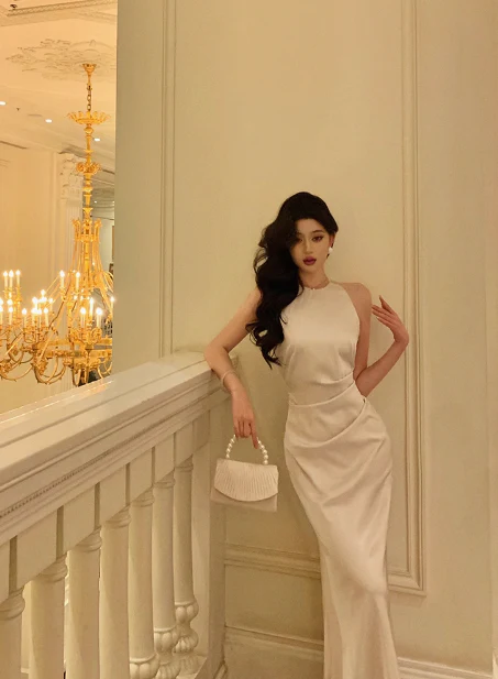 Sexy Mermaid Halter White Satin 18th Birthday Dress Ankle Length Party Birthday Outfits For Women DP0162 - Deanwangkt