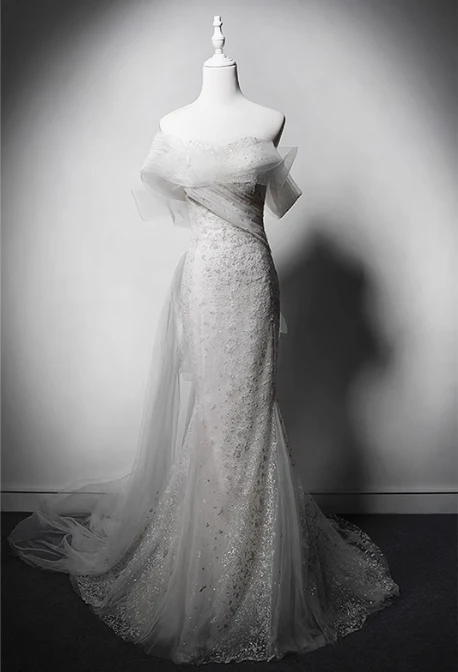 Elegant White Mermaid Evening Gowns Off-the-shoulder Tulle Long Prom Dress Modest Sleeveless Formal Dress DH2747 - Deanwangkt