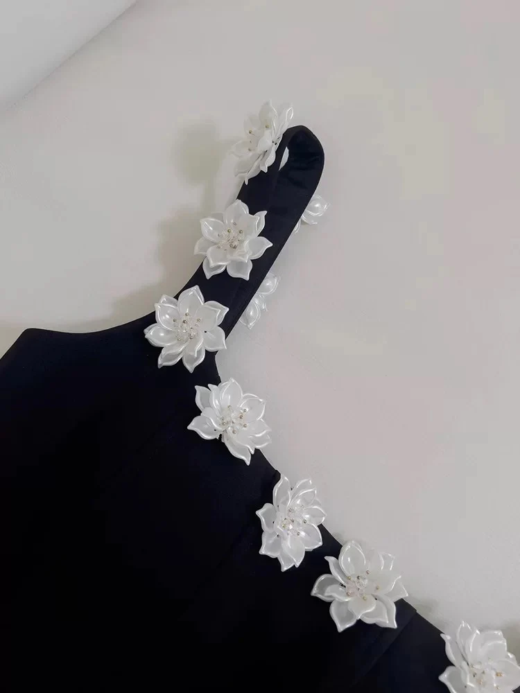 Trendy A Line Square Neck Floral Black Satin Formal Short 8th Grade Homecoming Dress Summer Middle School Hoco Dresses Birthday Outfits W930 - Deanwangkt