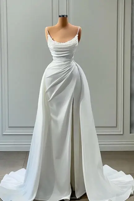 Beautiful White Long A-line Spaghetti Straps Wedding Dresses With Beads Brides Dress DP625 - Deanwangkt